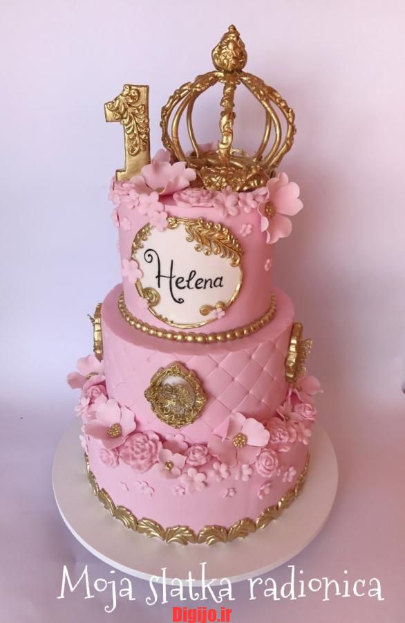 کیک تولد دخترانه تاجدار طلایی صورتی